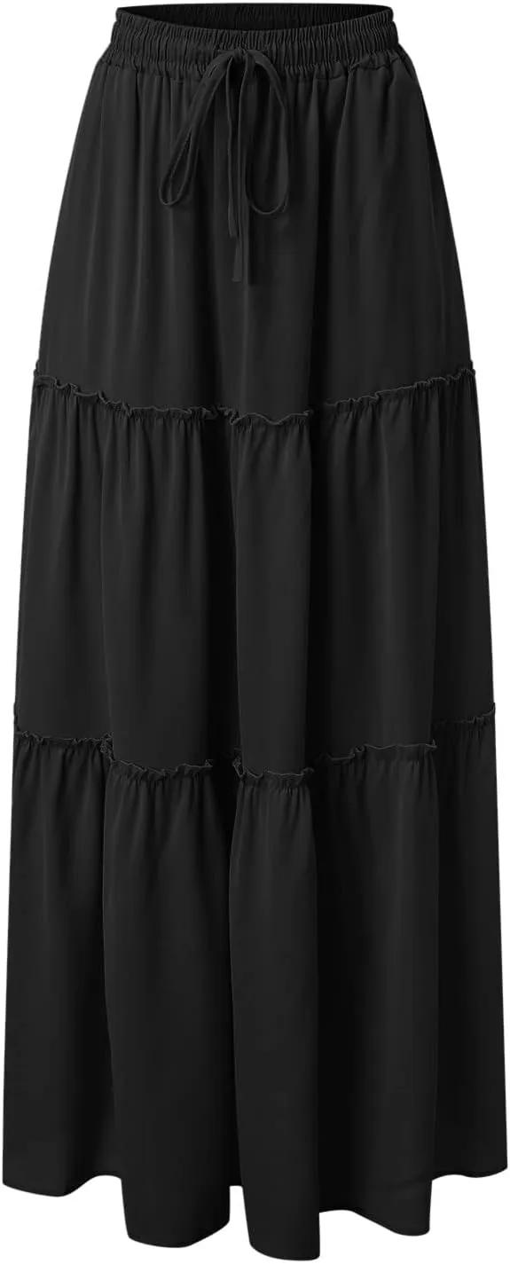Women Elastic High Waist Floral Print Boho Maxi Skirt Tiered Pleated Flowy Long Summer Beach Skirt