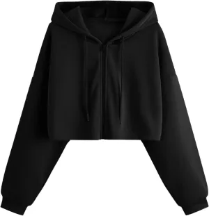 Women Fleece Hoodies Full Zip Cropped Hoodie Sweatshirt Long Sleeve Solid Color Drawstring Hooded Pullover Cute Jacket