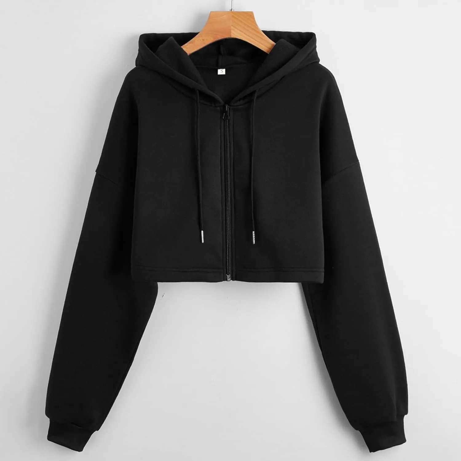Women Fleece Hoodies Full Zip Cropped Hoodie Sweatshirt Long Sleeve Solid Color Drawstring Hooded Pullover Cute Jacket