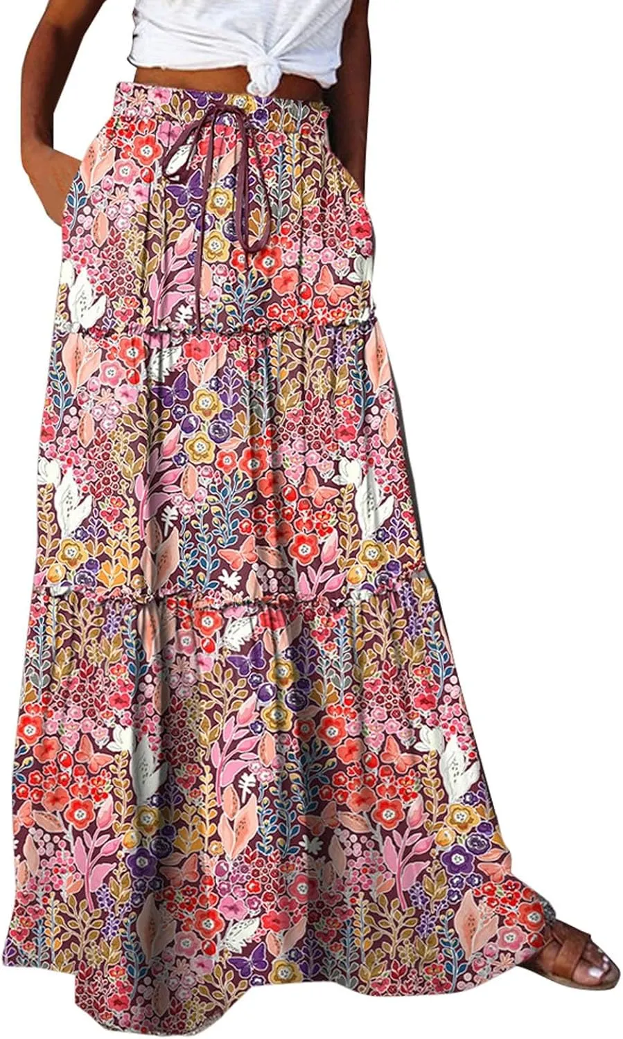 Women Floral Print Boho Maxi Skirt Elastic High Waist Tiered Pleated Flowy Long Summer Casual Skirt