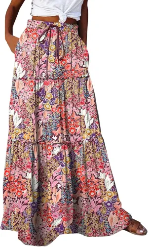 Women Floral Print Boho Maxi Skirt Elastic High Waist Tiered Pleated Flowy Long Summer Casual Skirt