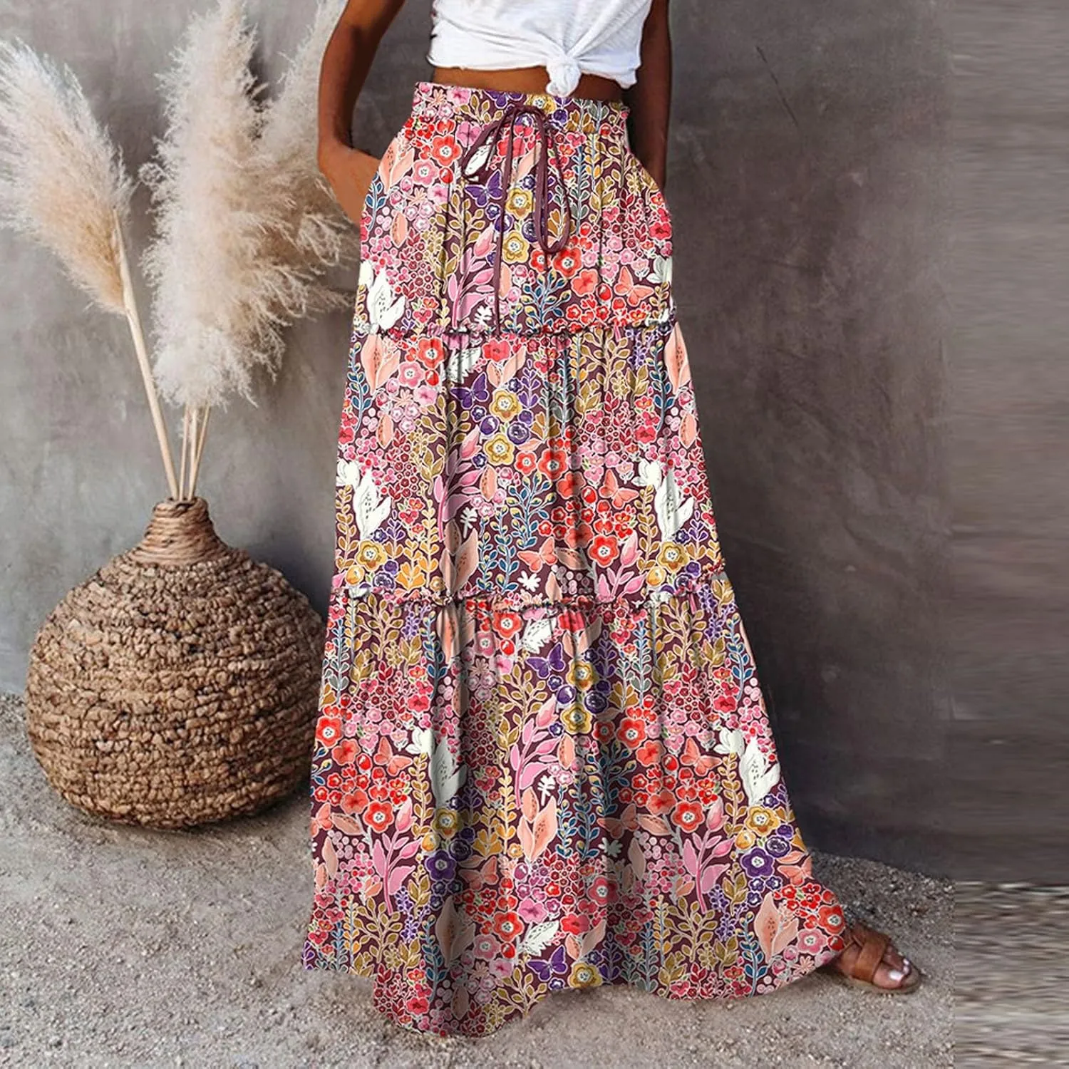 Women Floral Print Boho Maxi Skirt Elastic High Waist Tiered Pleated Flowy Long Summer Casual Skirt