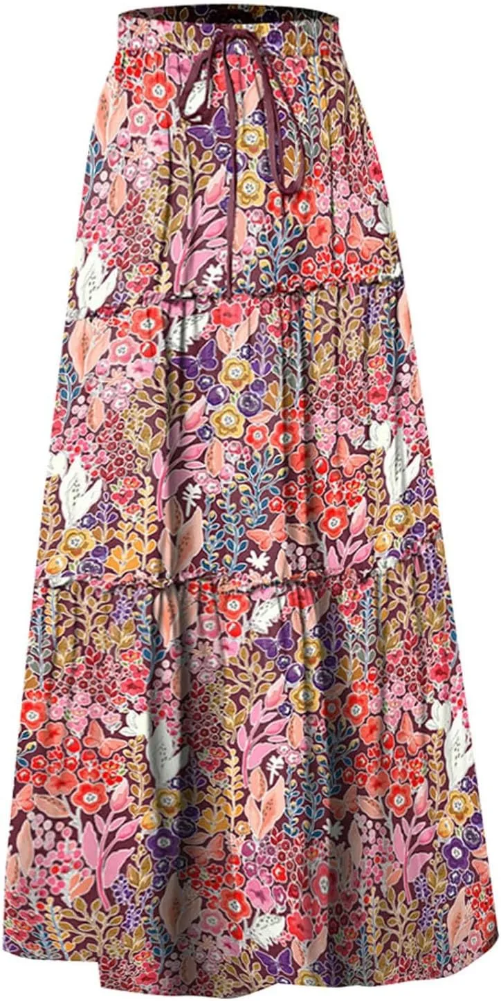 Women Floral Print Boho Maxi Skirt Elastic High Waist Tiered Pleated Flowy Long Summer Casual Skirt