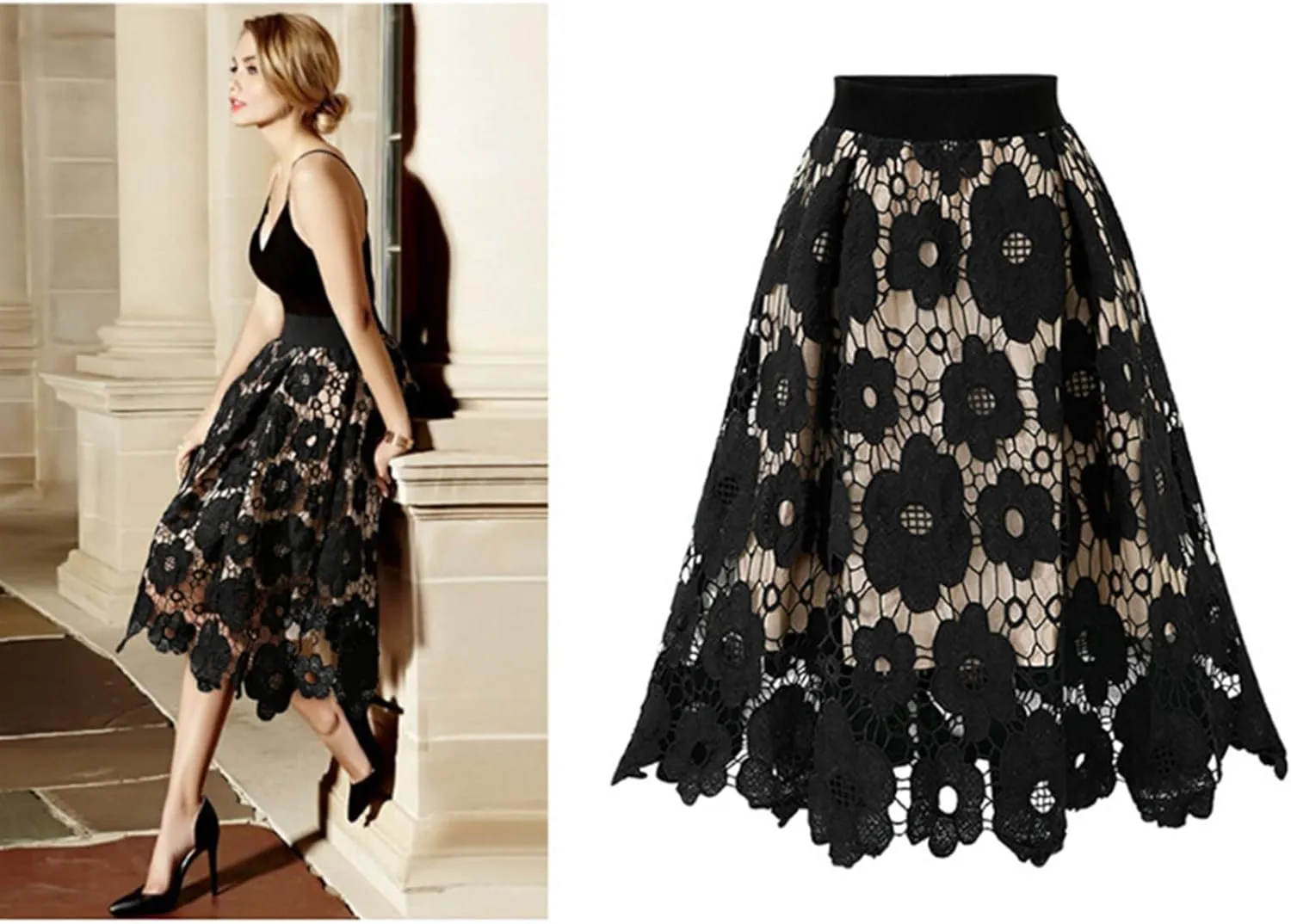 Women High Waist Pleated A-Line Knee Length Lace Midi Skirt Crochet Hollow Out Floral Print Flowy Vintage Skirts