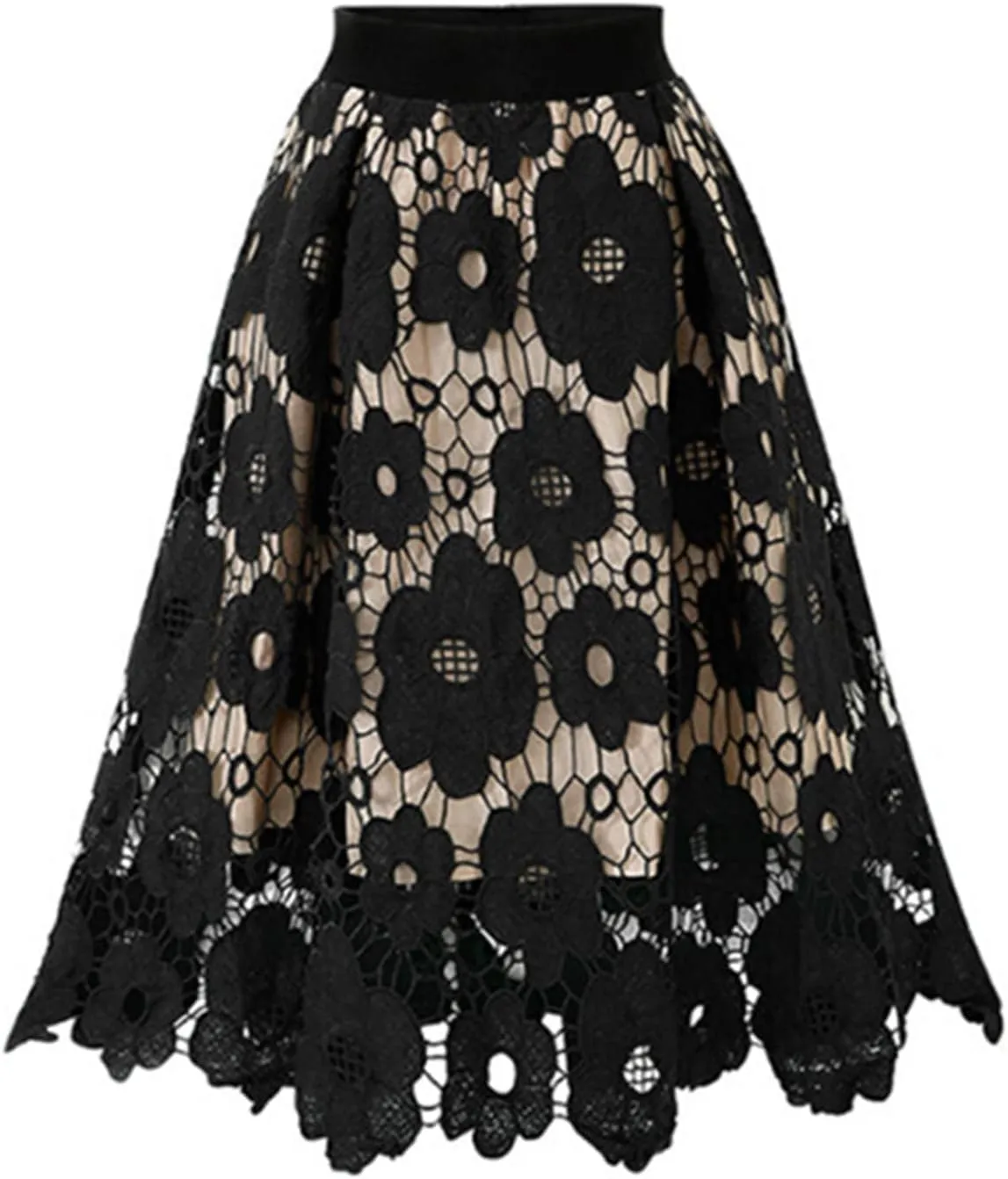 Women High Waist Pleated A-Line Knee Length Lace Midi Skirt Crochet Hollow Out Floral Print Flowy Vintage Skirts