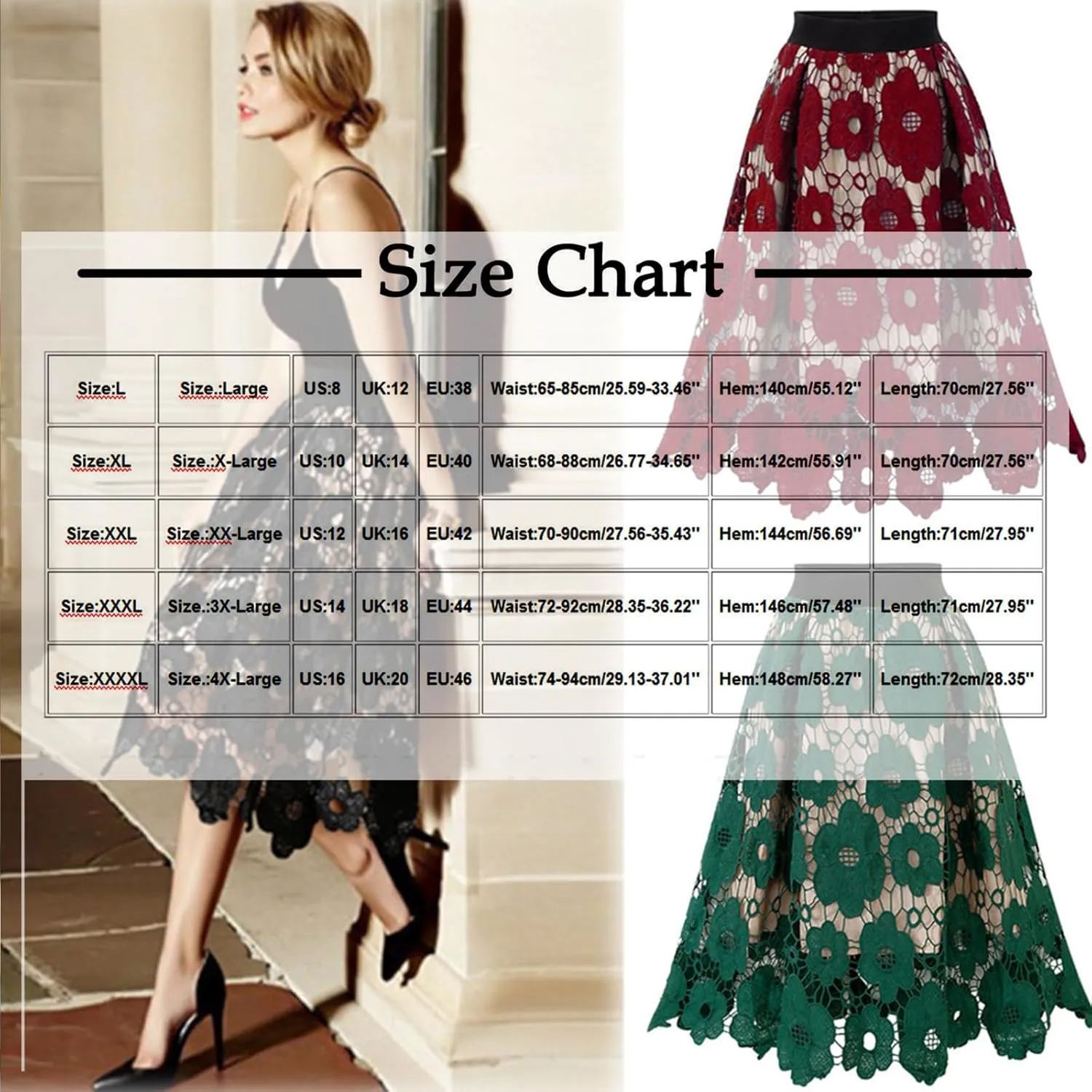 Women High Waist Pleated A-Line Knee Length Lace Midi Skirt Crochet Hollow Out Floral Print Flowy Vintage Skirts