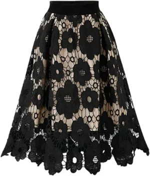 Women High Waist Pleated A-Line Knee Length Lace Midi Skirt Crochet Hollow Out Floral Print Flowy Vintage Skirts