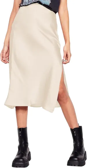 Women Korean Satin Silk Skirt High Waisted Summer Midi Skirt with Slit Solid Elegant Ladies Office Skirts