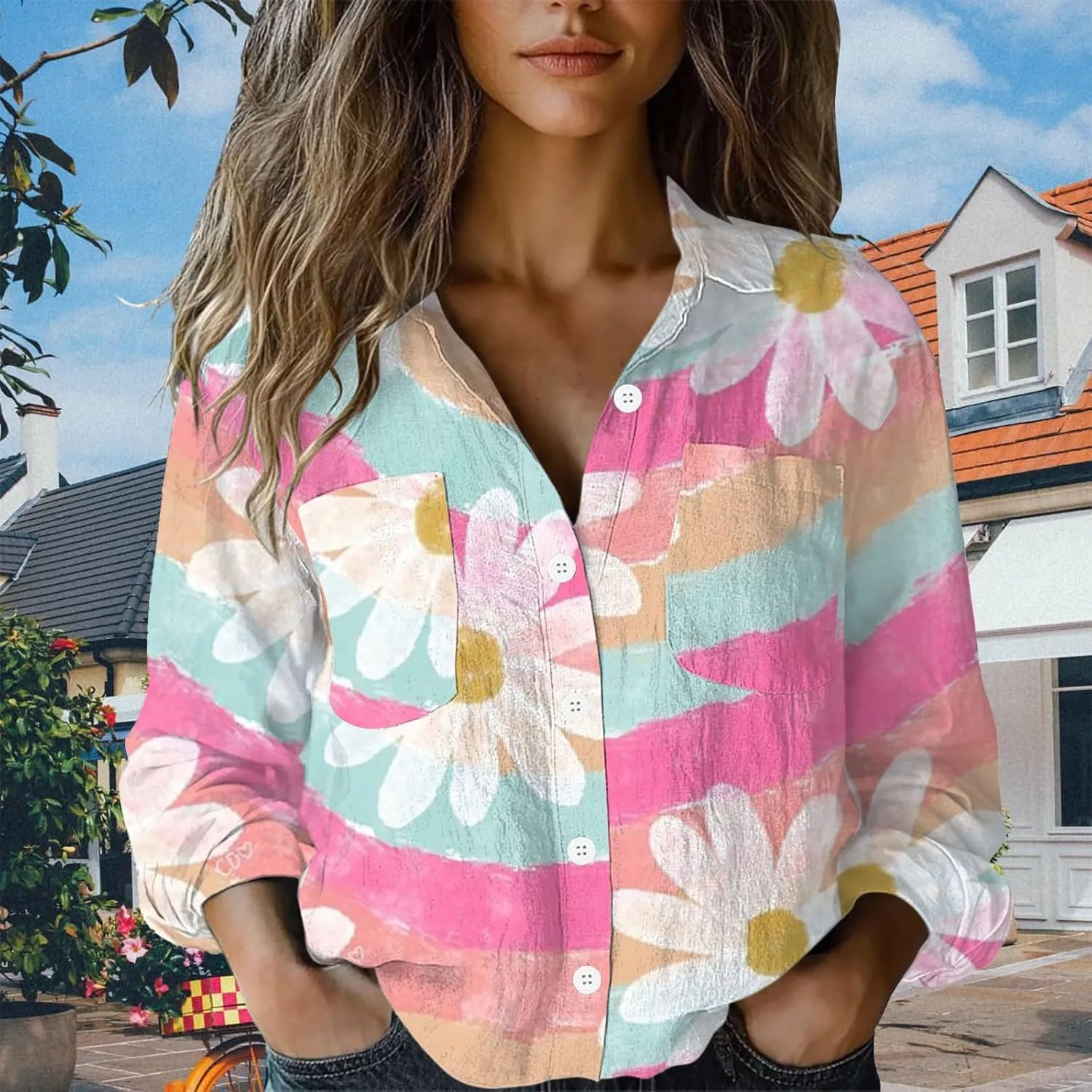 Women Linen Long Sleeve Shirts Button Down Loose Summer Tops Ethnic Vintage Floral Shirt Boho Causal Dressy Blouse