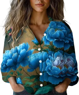 Women Linen Long Sleeve Shirts Button Down Loose Summer Tops Ethnic Vintage Floral Shirt Boho Causal Dressy Blouse