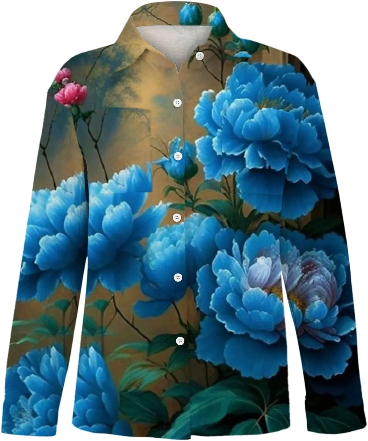 Women Linen Long Sleeve Shirts Button Down Loose Summer Tops Ethnic Vintage Floral Shirt Boho Causal Dressy Blouse