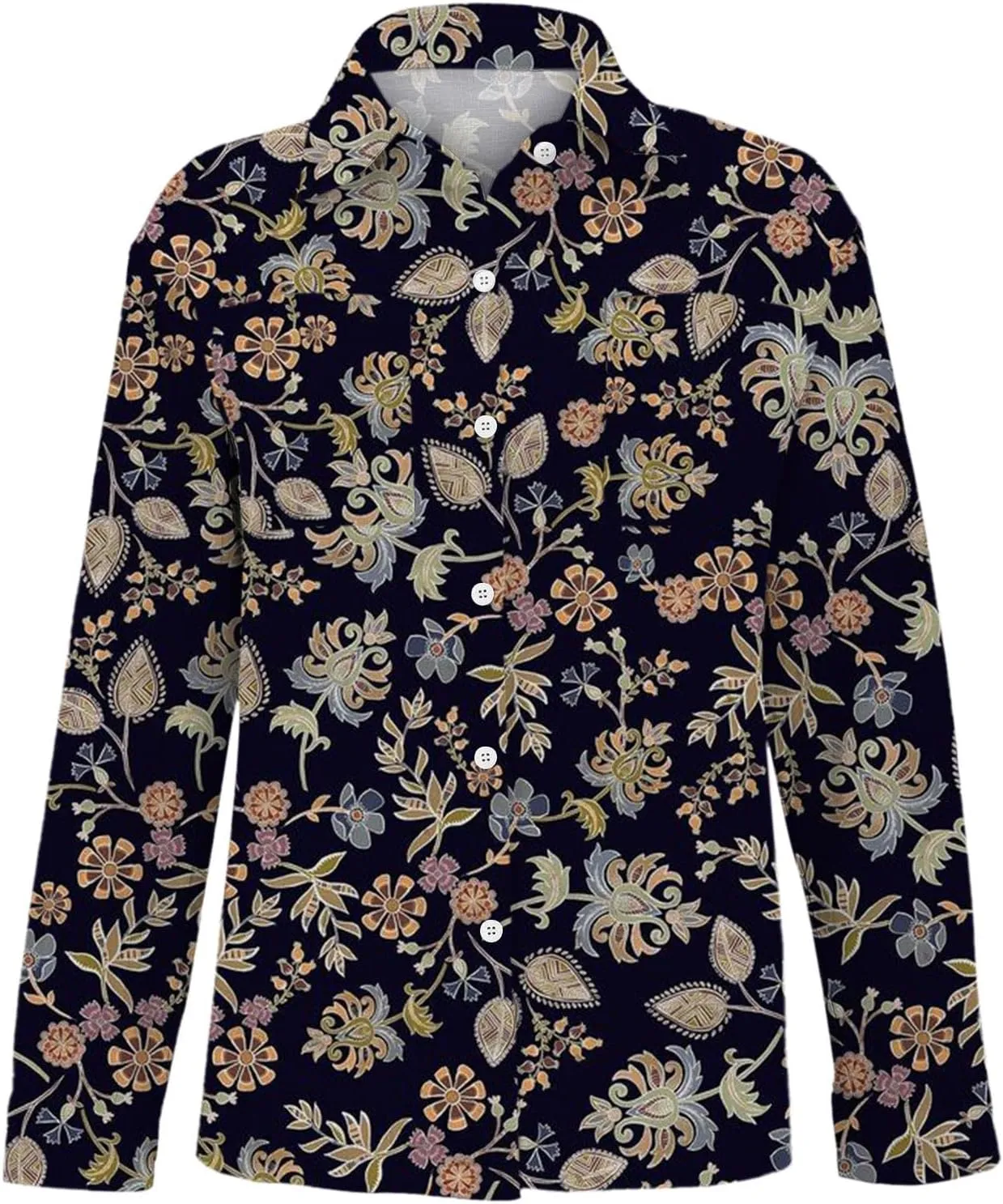 Women Linen Long Sleeve Shirts Button Down Loose Summer Tops Ethnic Vintage Floral Shirt Boho Causal Dressy Blouse