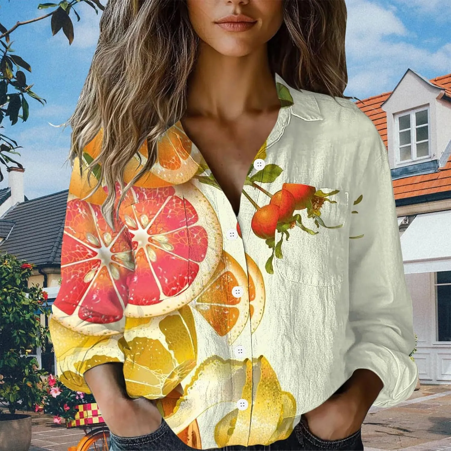 Women Linen Long Sleeve Shirts Button Down Loose Summer Tops Ethnic Vintage Floral Shirt Boho Causal Dressy Blouse
