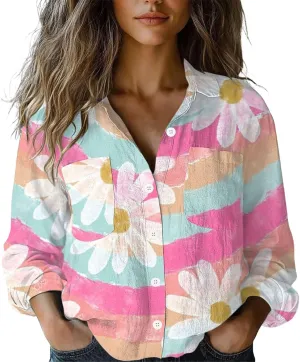 Women Linen Long Sleeve Shirts Button Down Loose Summer Tops Ethnic Vintage Floral Shirt Boho Causal Dressy Blouse