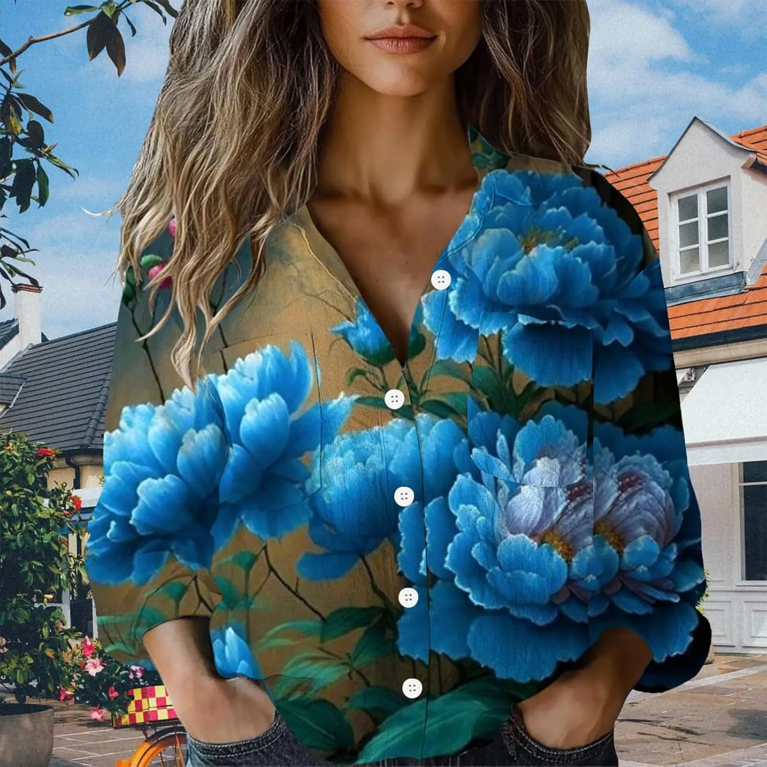 Women Linen Long Sleeve Shirts Button Down Loose Summer Tops Ethnic Vintage Floral Shirt Boho Causal Dressy Blouse