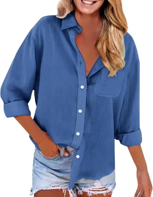 Women Linen Shirts Long Sleeve Stand-up Collar Button-up Business Shirt Summer Fashion Causal Loose Fit Linen Outfits