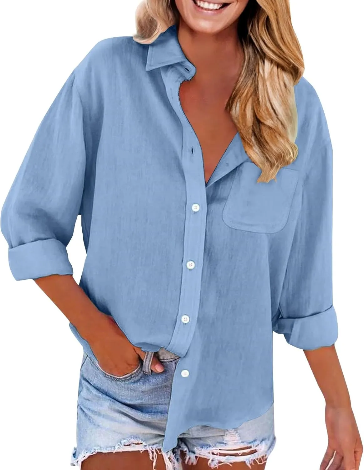 Women Linen Shirts Long Sleeve Stand-up Collar Button-up Business Shirt Summer Fashion Causal Loose Fit Linen Outfits