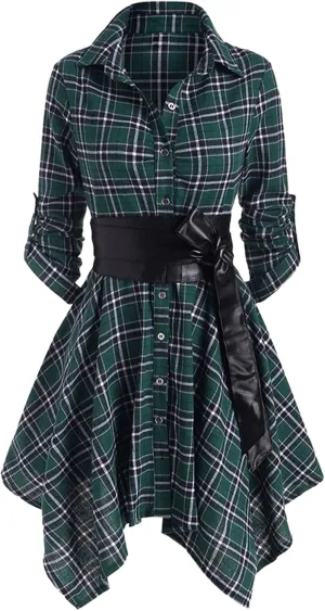 Women Plaid Shirt Dress with PU Waist Belt A-Line High Low Tunic Dresses Elegant Vintage Button Down Dress S-XXL