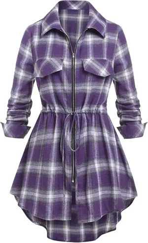 Women Plaid Shirt Dress with PU Waist Belt A-Line High Low Tunic Dresses Elegant Vintage Button Down Dress S-XXL