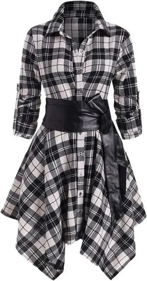 Women Plaid Shirt Dress with PU Waist Belt A-Line High Low Tunic Dresses Elegant Vintage Button Down Dress S-XXL
