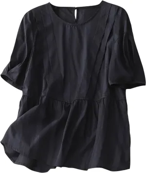 Women Pleated Babydoll Shirts Cotton Linen Half Sleeve Crewneck Flowy Tops Keyhole Back Summer Casual Loose Blouses