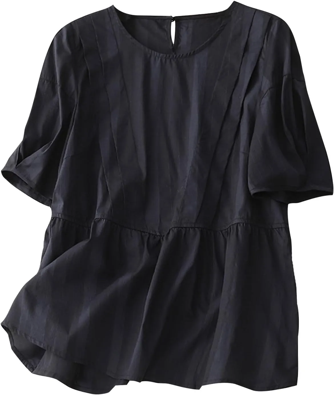 Women Pleated Babydoll Shirts Cotton Linen Half Sleeve Crewneck Flowy Tops Keyhole Back Summer Casual Loose Blouses
