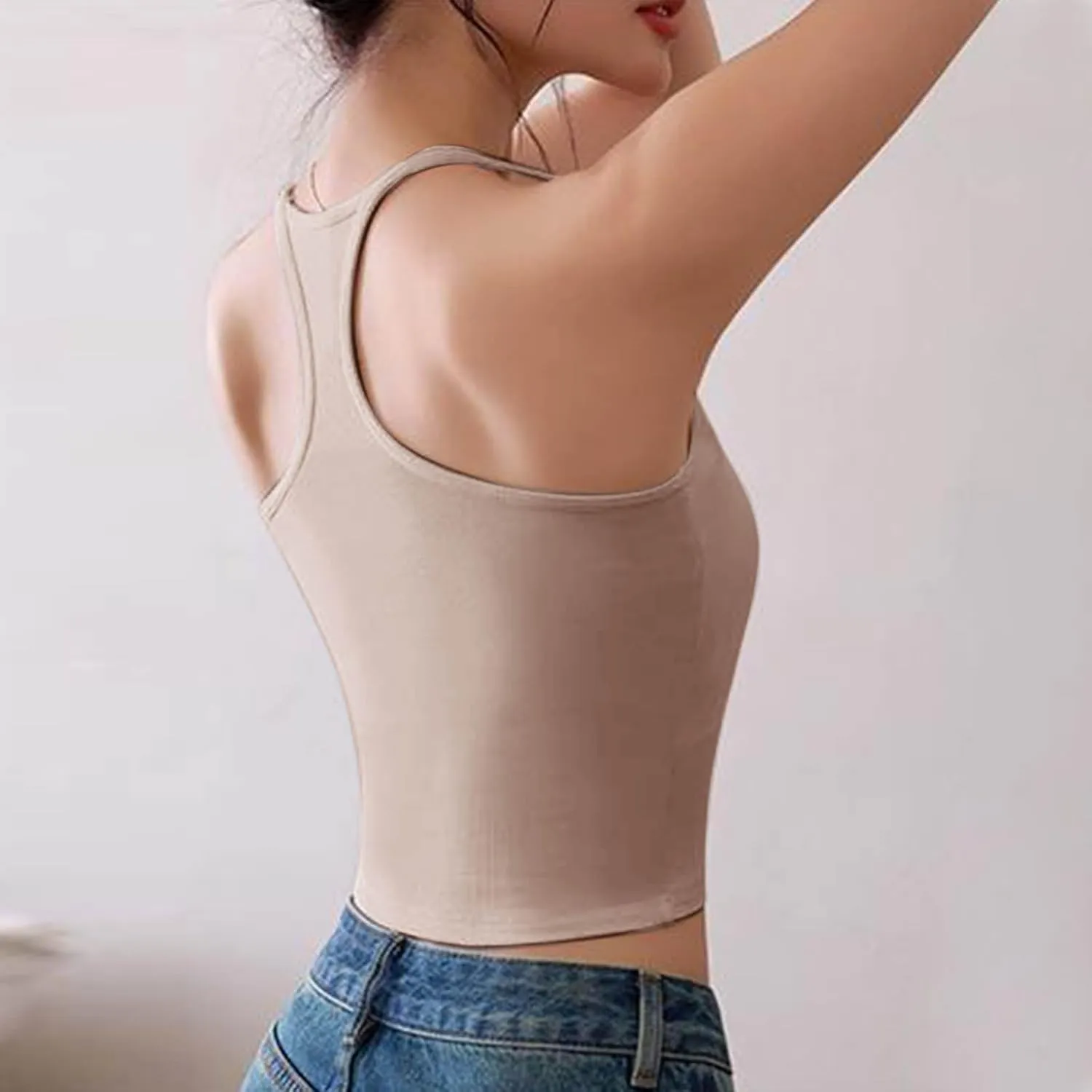 Women Ribbed Racer Back Cami Tops Summer Built in Bra Yoga Workout Tank Top Sexy Form Fitting Square Neck Undershirt