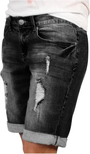 Women Ripped Jean Shorts High Waisted Button Shorts with Pockets Folded Hem Denim Shorts Summer Casual Jeans Shorts