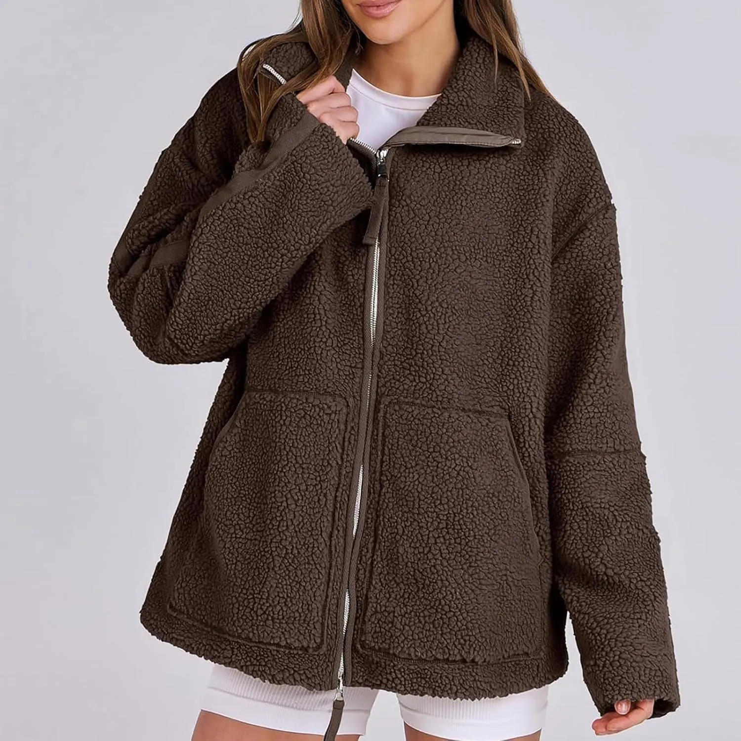 Women Sherpa Fleece Jacket 2024 Fall Winter Trendy Stand Collar Warm Fuzzy Coat Long Sleeve Zip Up Parka with Pockets