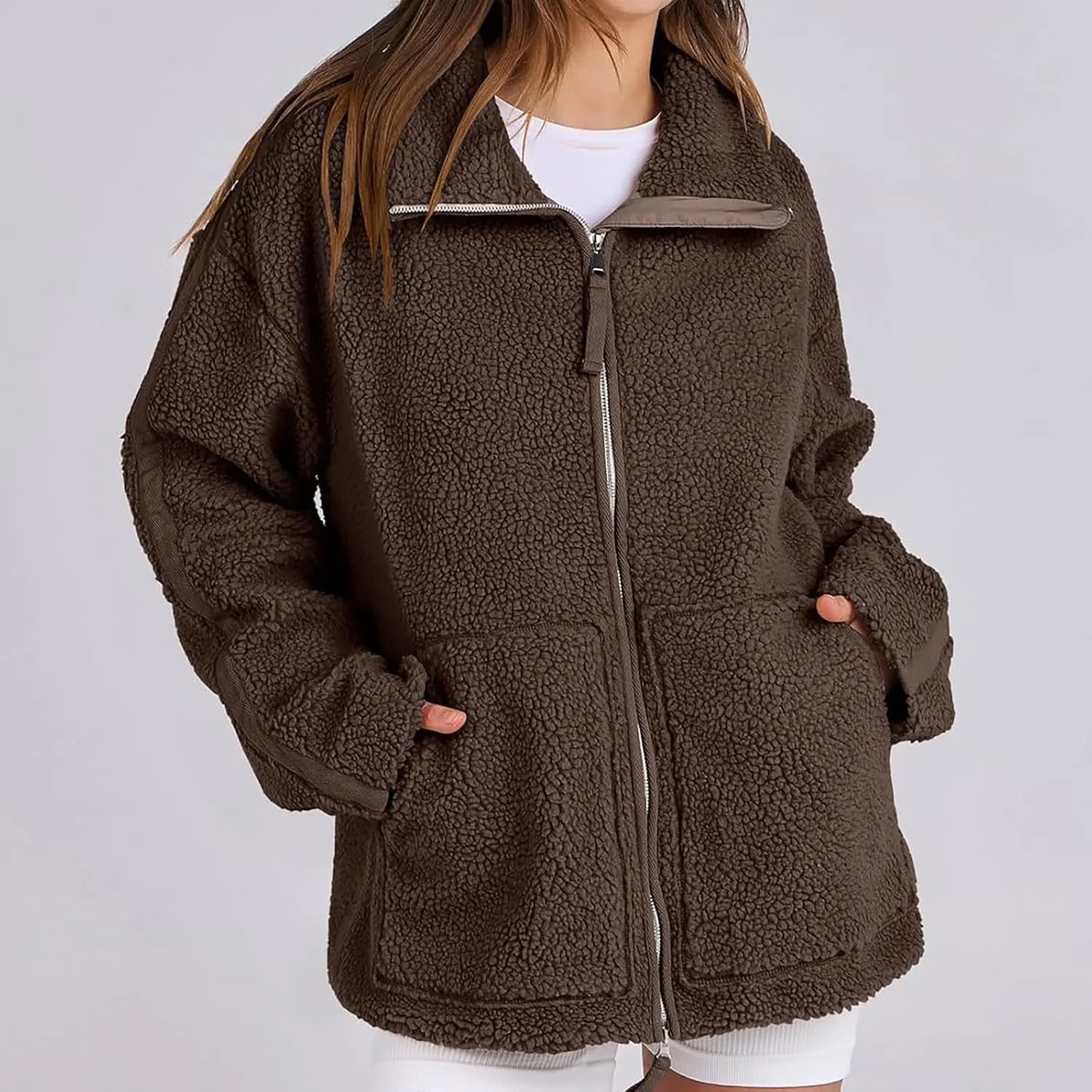 Women Sherpa Fleece Jacket 2024 Fall Winter Trendy Stand Collar Warm Fuzzy Coat Long Sleeve Zip Up Parka with Pockets