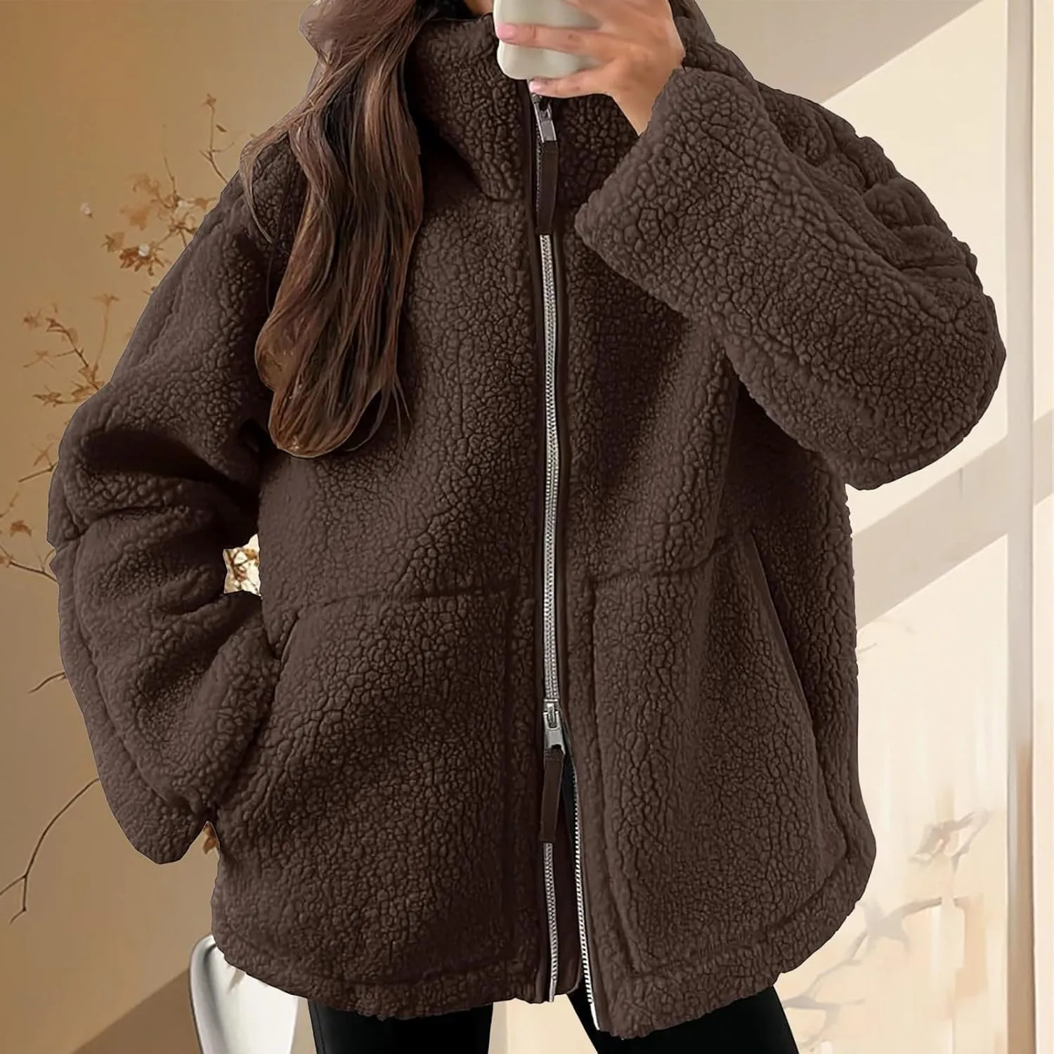 Women Sherpa Fleece Jacket 2024 Fall Winter Trendy Stand Collar Warm Fuzzy Coat Long Sleeve Zip Up Parka with Pockets