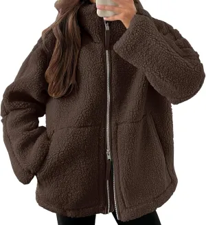 Women Sherpa Fleece Jacket 2024 Fall Winter Trendy Stand Collar Warm Fuzzy Coat Long Sleeve Zip Up Parka with Pockets