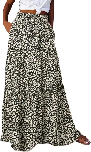 Women Summer Casual Flowy Long Skirts Boho Floral Elastic High Waist Tiered Pleated Beach Maxi Skirt