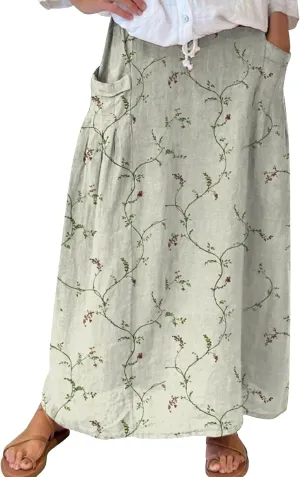 Women Summer Casual Flowy Long Skirts Boho Floral Elastic High Waist Tiered Pleated Beach Maxi Skirt