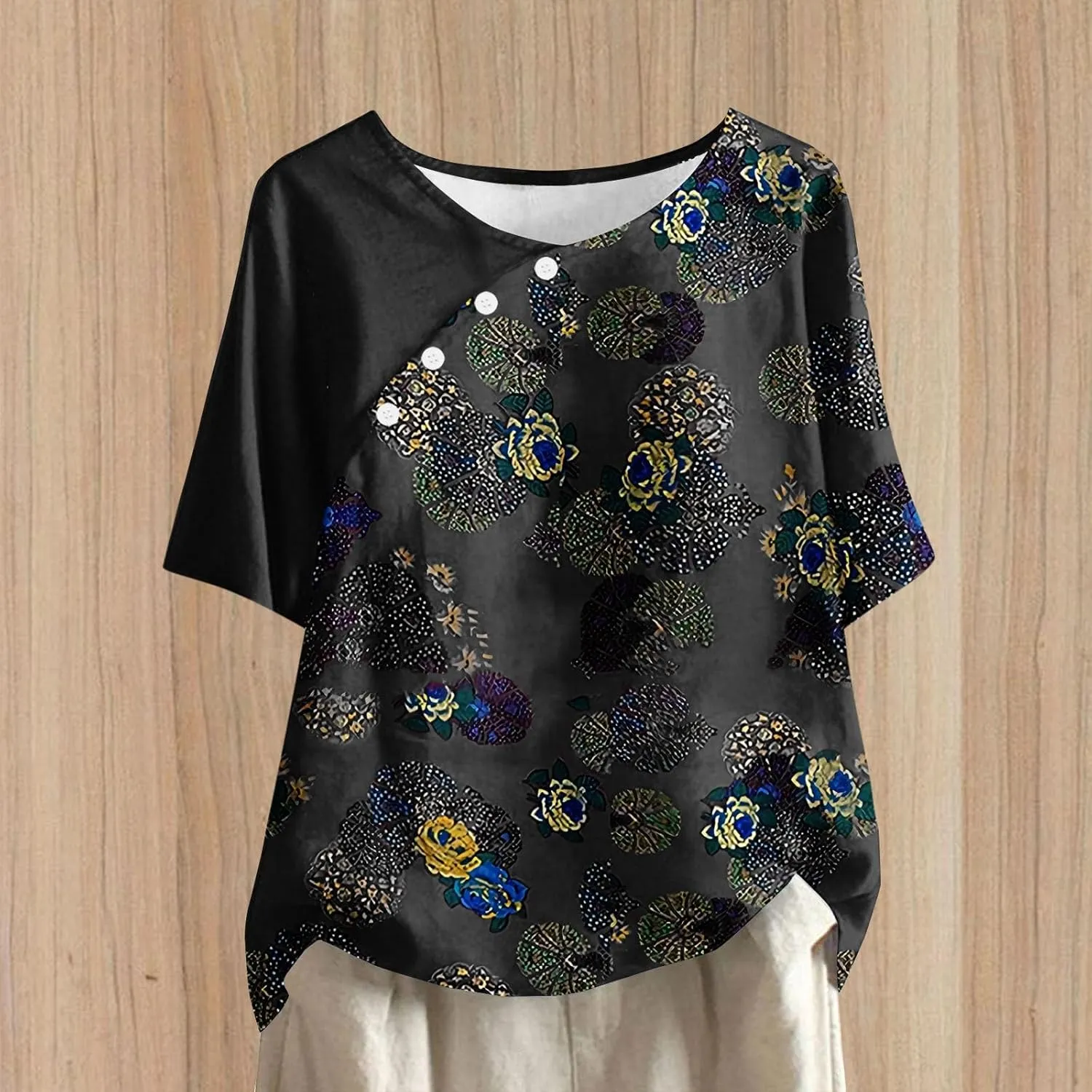 Women Vintage Floral Print Tee Tops Summer Short Sleeve Boatneck T-Shirt Dressy Button Trim Casual Loose Blouses