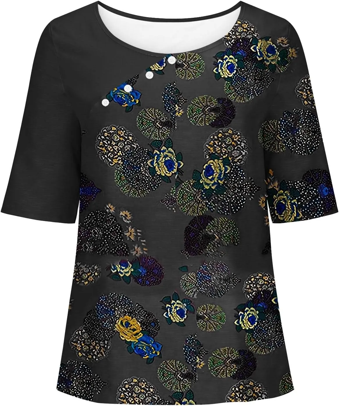 Women Vintage Floral Print Tee Tops Summer Short Sleeve Boatneck T-Shirt Dressy Button Trim Casual Loose Blouses