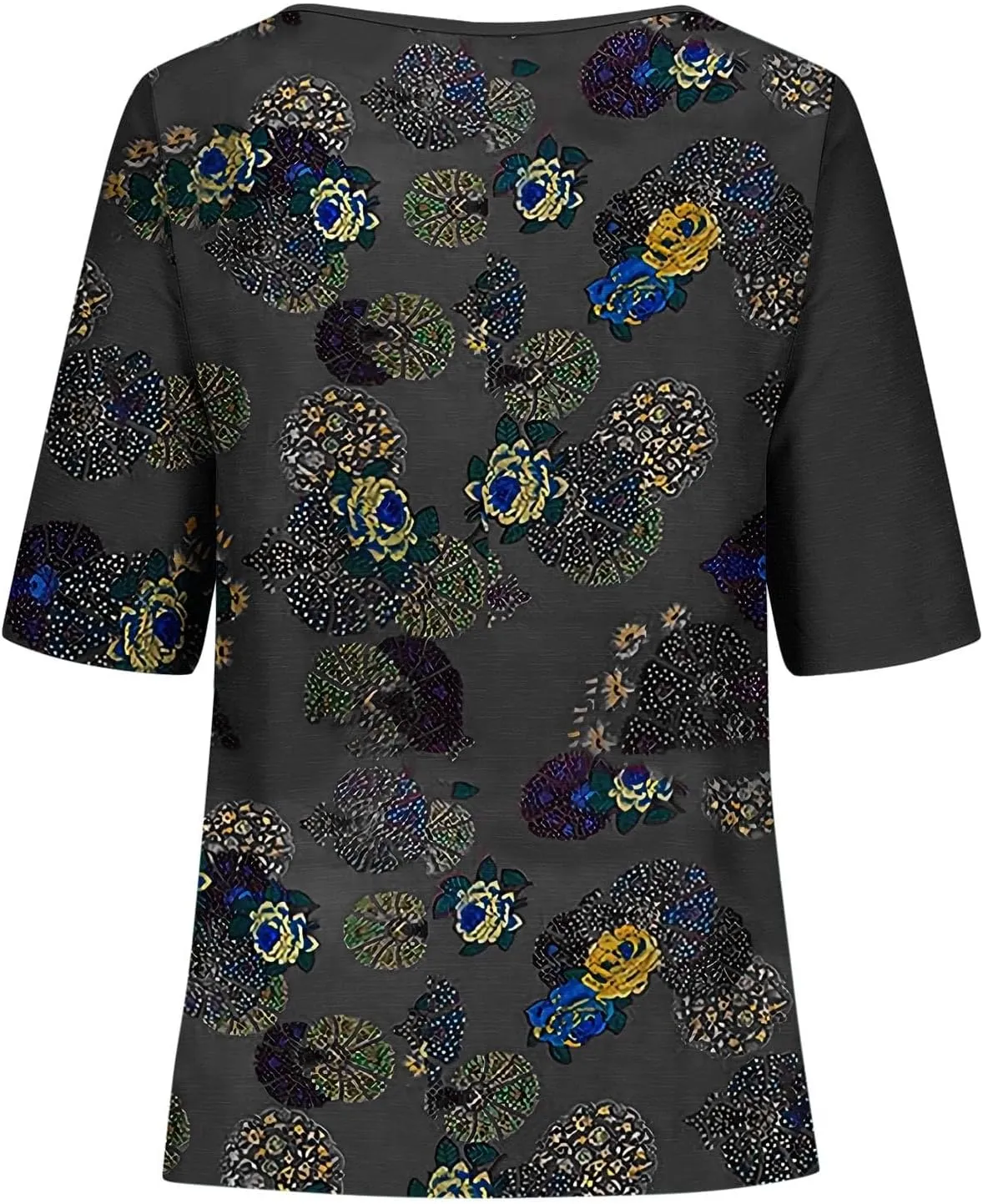 Women Vintage Floral Print Tee Tops Summer Short Sleeve Boatneck T-Shirt Dressy Button Trim Casual Loose Blouses