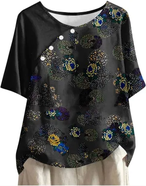 Women Vintage Floral Print Tee Tops Summer Short Sleeve Boatneck T-Shirt Dressy Button Trim Casual Loose Blouses