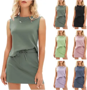 Womens 2 Piece Skirt Sets Summer Athletic Crew Neck Sleeveless Tops Lace Up Short Skirts Outfits Casual Tracksuits