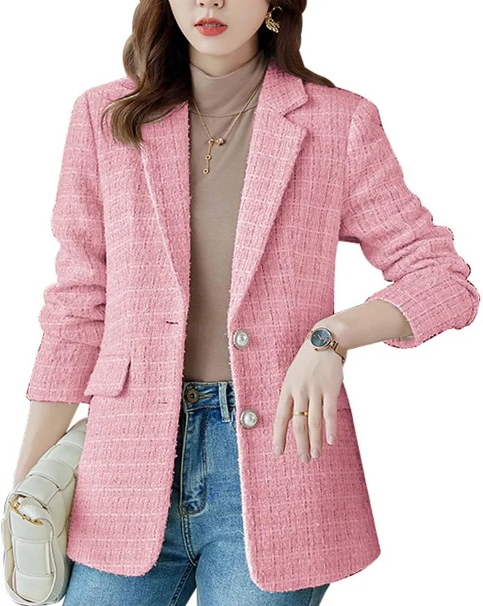 Womens 2024 Fall Tweed Plaid Blazer for Women Casual Work Fashion Button Elegant Suit Jacket with Pockets