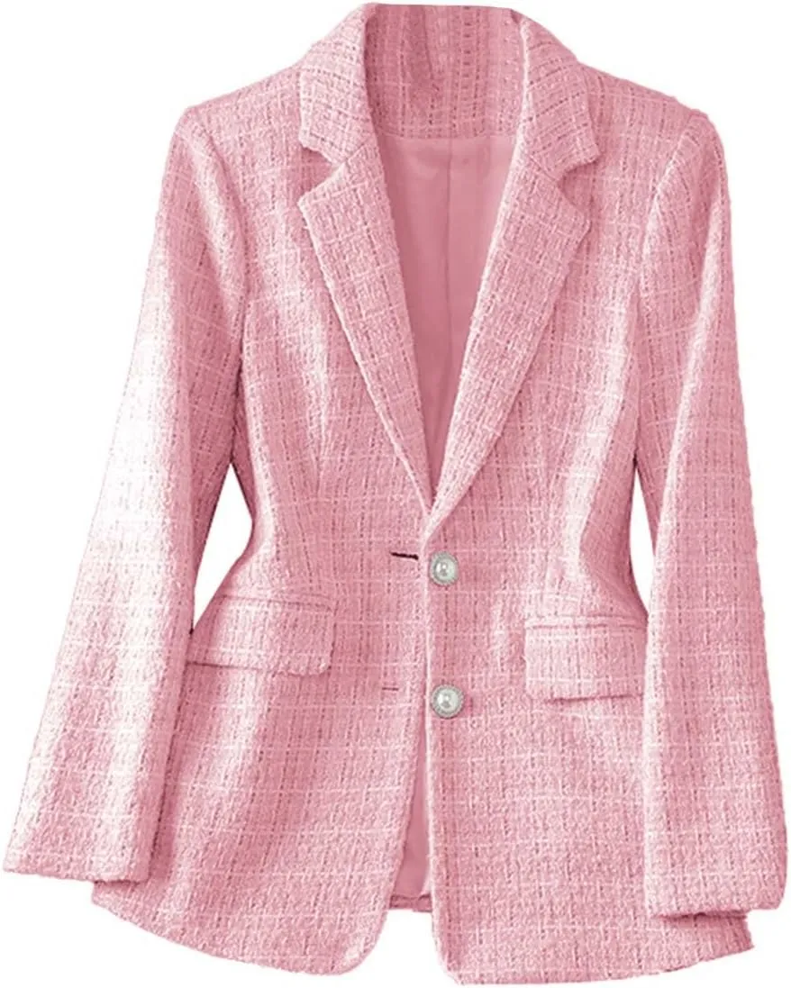 Womens 2024 Fall Tweed Plaid Blazer for Women Casual Work Fashion Button Elegant Suit Jacket with Pockets