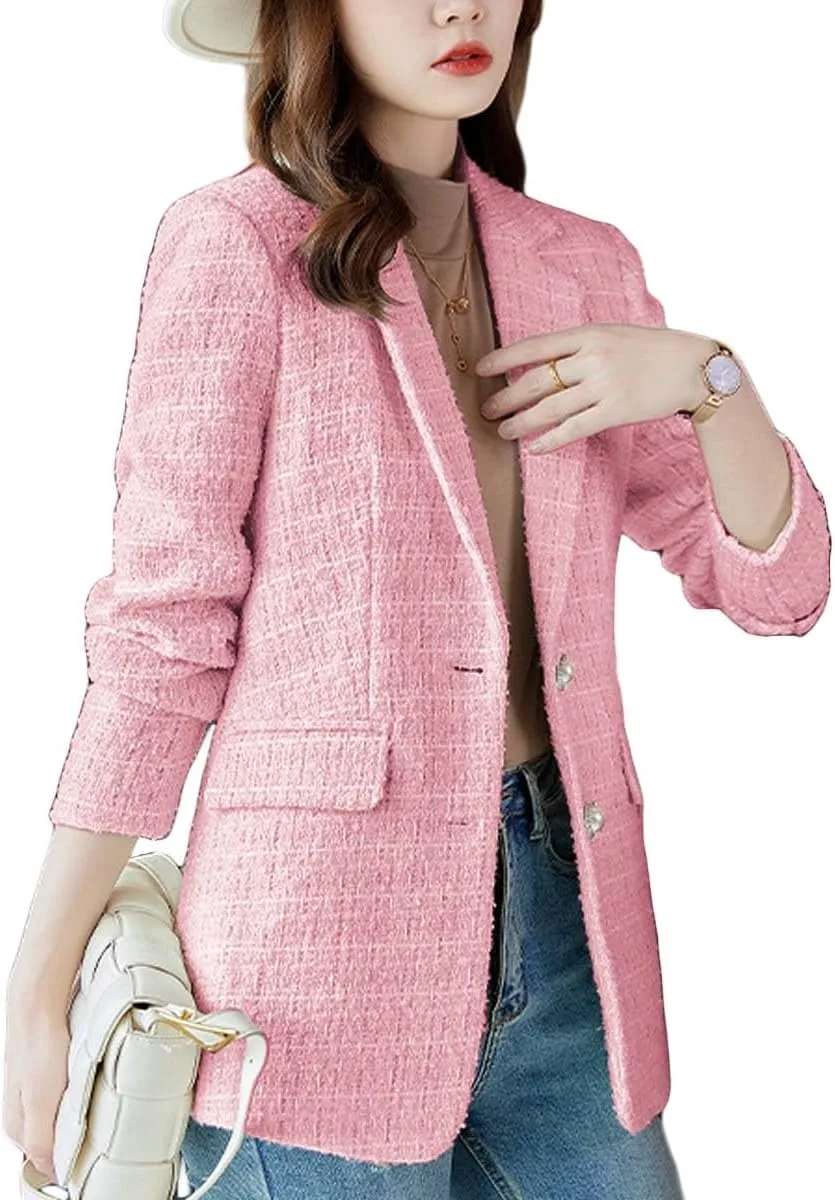 Womens 2024 Fall Tweed Plaid Blazer for Women Casual Work Fashion Button Elegant Suit Jacket with Pockets