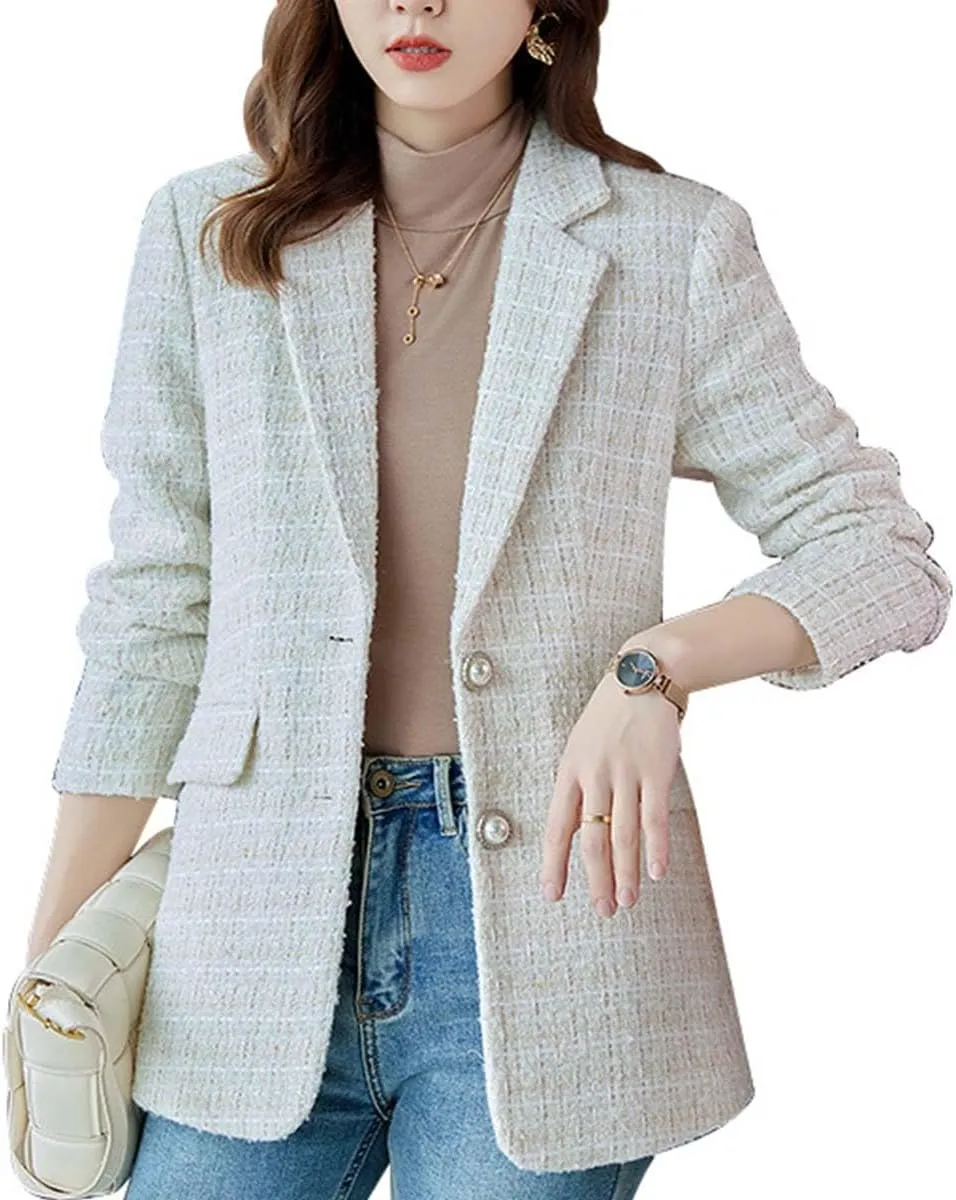 Womens 2024 Fall Tweed Plaid Blazer for Women Casual Work Fashion Button Elegant Suit Jacket with Pockets
