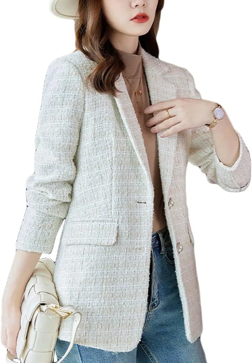 Womens 2024 Fall Tweed Plaid Blazer for Women Casual Work Fashion Button Elegant Suit Jacket with Pockets