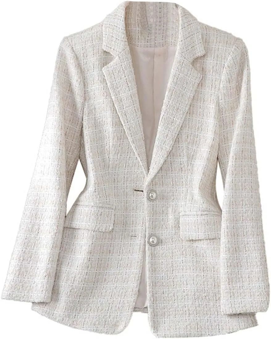 Womens 2024 Fall Tweed Plaid Blazer for Women Casual Work Fashion Button Elegant Suit Jacket with Pockets