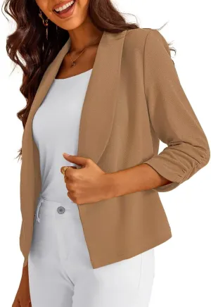Women's 3/4 Sleeve Cropped Blazer Lightweight Open Front Cardigan Jacket for Business Causal Khaki, Large