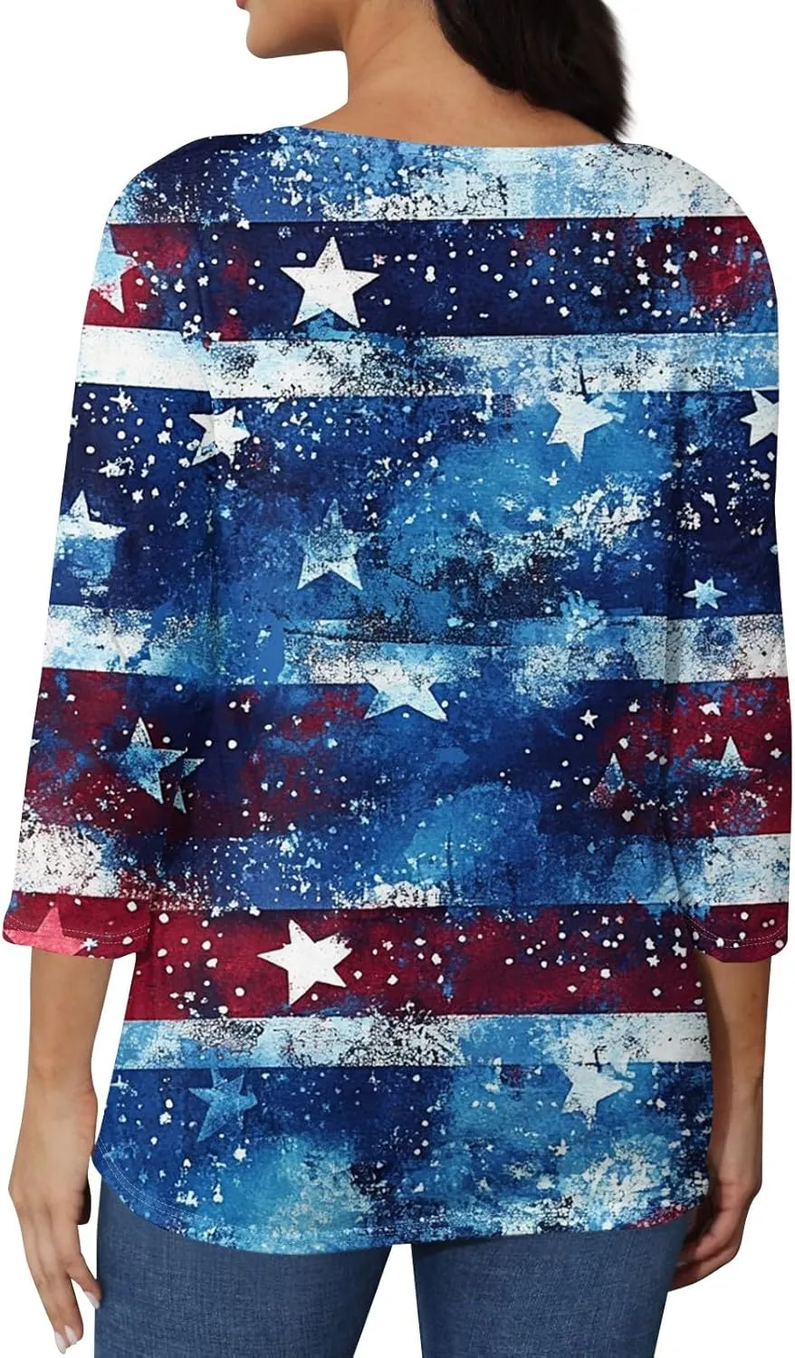 Womens 4th of July Plus Size 3/4 Sleeve Shirts Independence Day Patriotic Casual Tops USA Flag Stars Stripes Blouse
