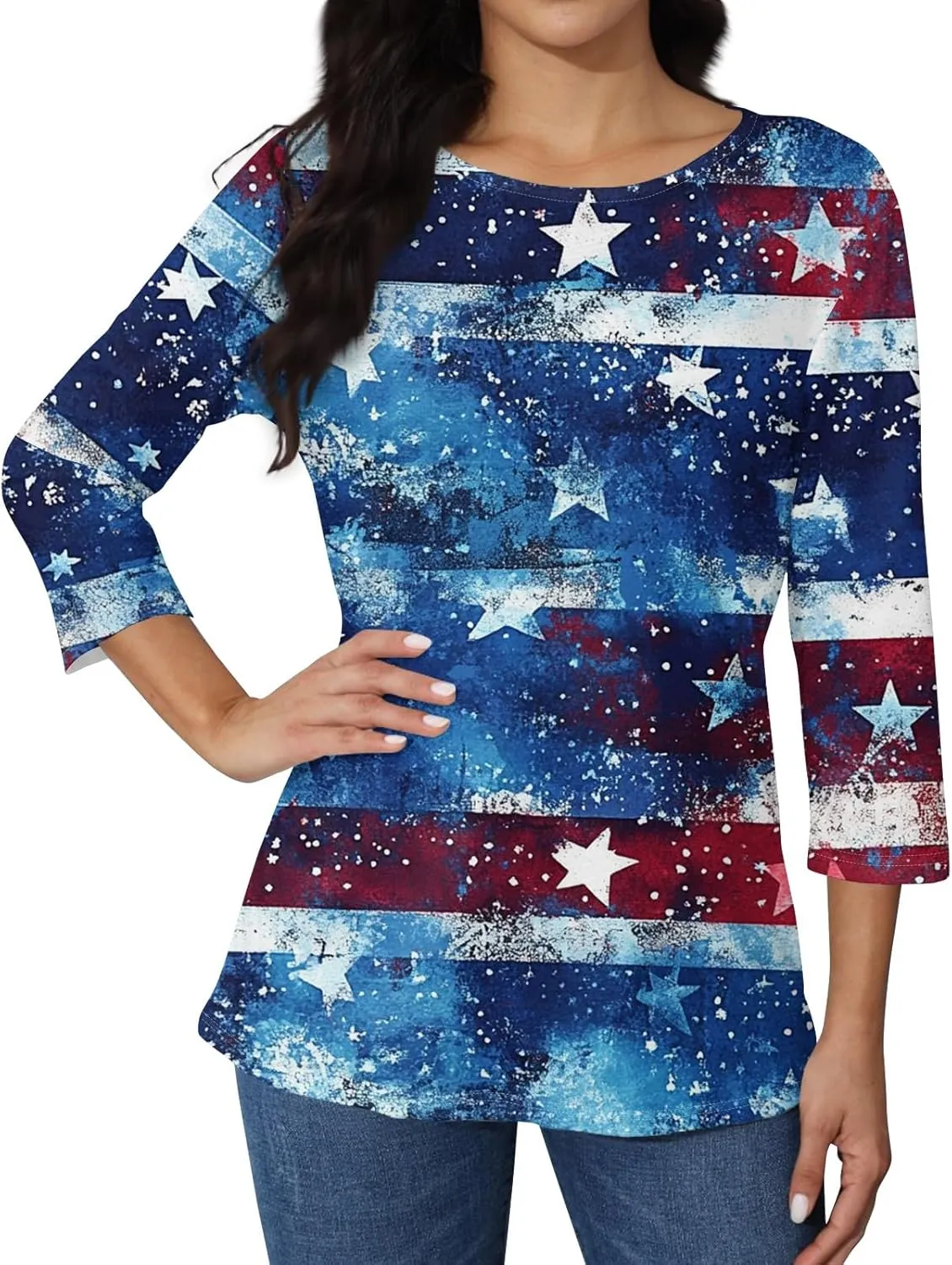 Womens 4th of July Plus Size 3/4 Sleeve Shirts Independence Day Patriotic Casual Tops USA Flag Stars Stripes Blouse