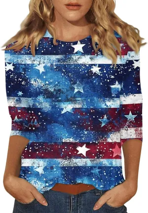 Womens 4th of July Plus Size 3/4 Sleeve Shirts Independence Day Patriotic Casual Tops USA Flag Stars Stripes Blouse