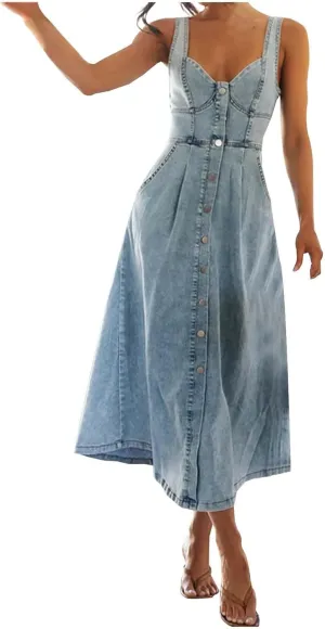 Women's Adjustable Strap Midi Long Denim Dress 2025 Button Down A-Line Swing Flowy Jean Dress